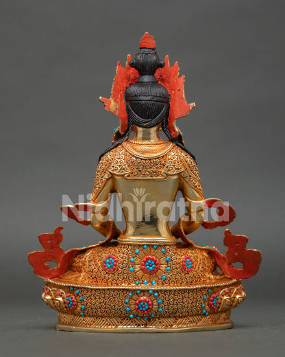 Back view of Amitayus Buddha statue with engraved lotus throne and gold finish