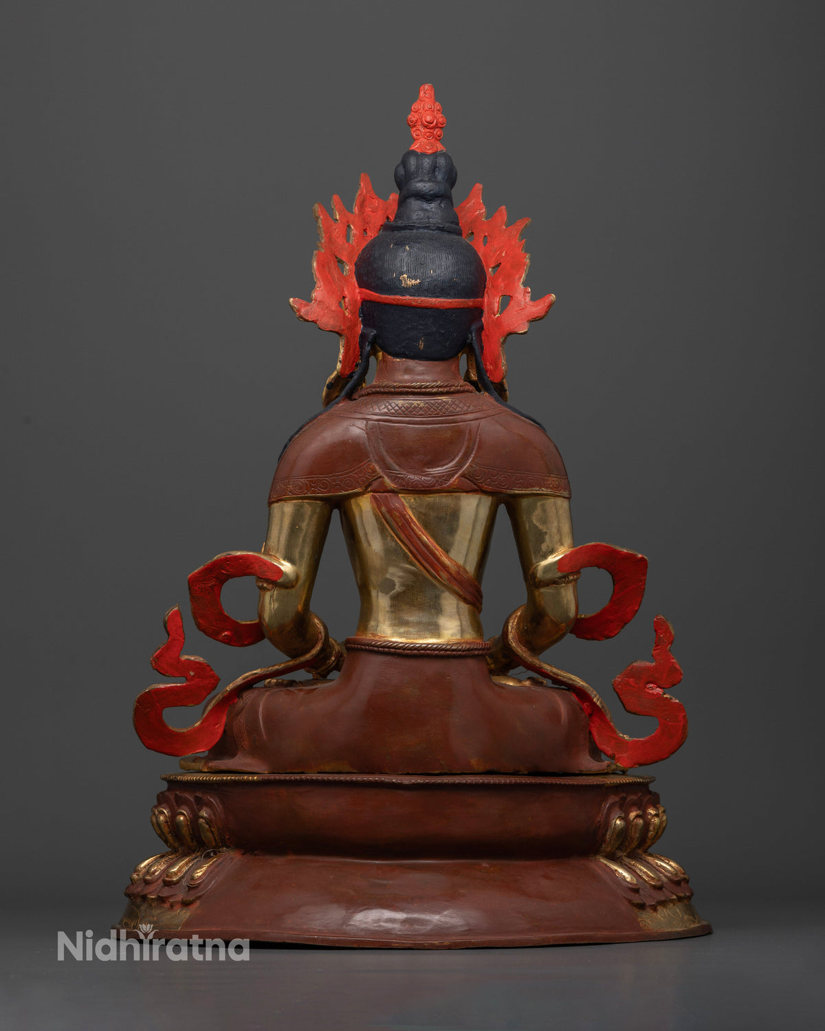 Back view of Amitayus Buddha statue with hand carved double lotus pedestal.