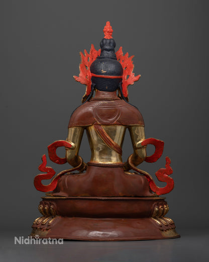 Back view of Amitayus Buddha statue with hand carved double lotus pedestal.