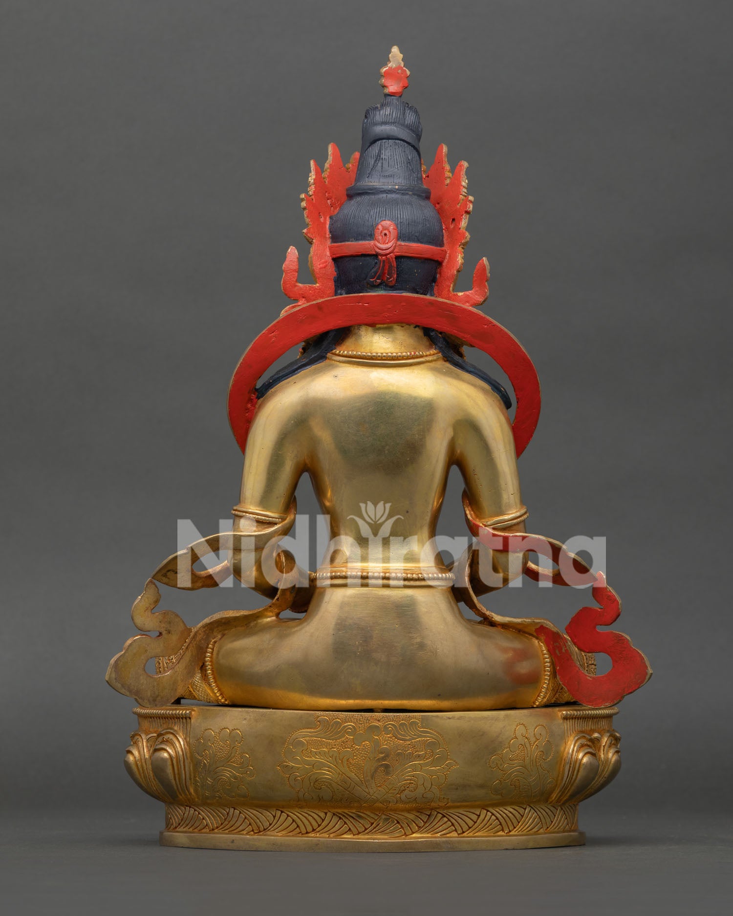 Back view of Amitayus statue featuring detailed copper artwork and traditional Nepalese metalwork