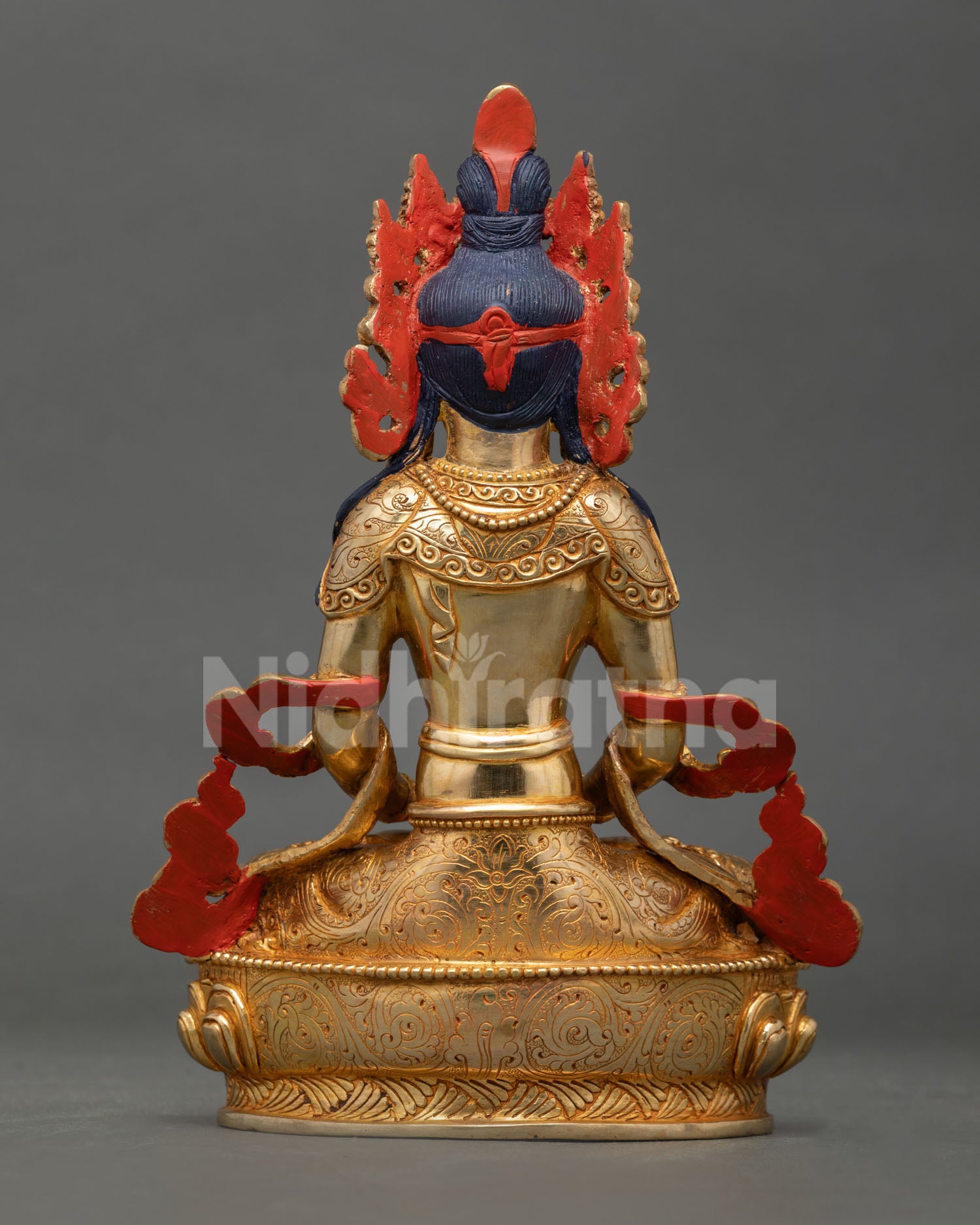 back view of amitayus statue showing detailed handcrafted copper work and traditional nepalese artistry