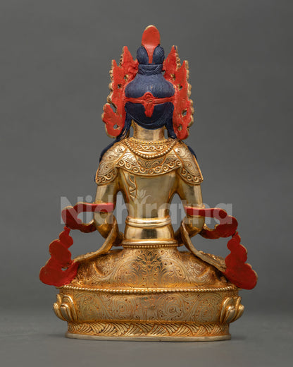 back view of amitayus statue showing detailed handcrafted copper work and traditional nepalese artistry