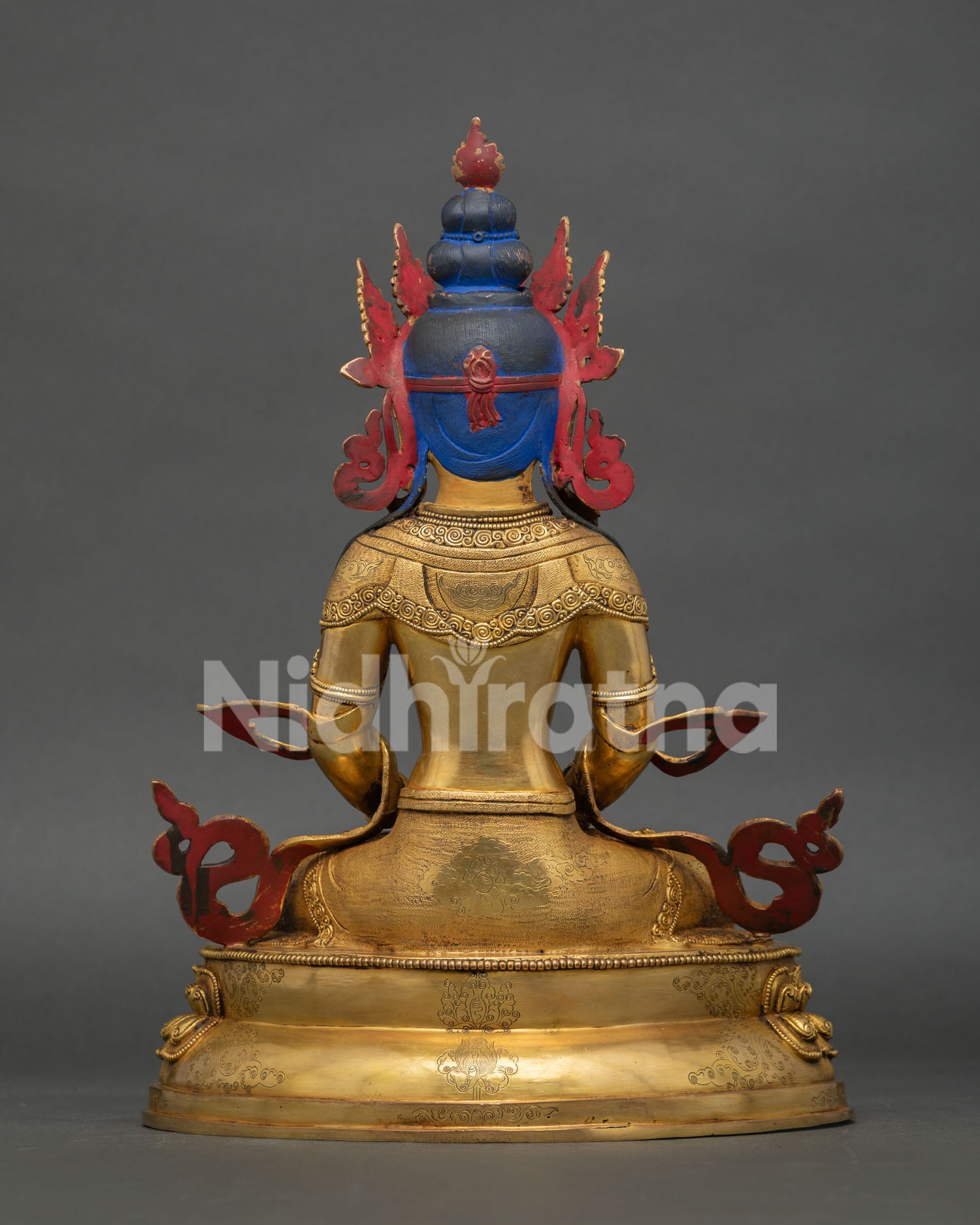 back view of amitayus statue showing detailed robe design and lotus pedestal craftsmanship