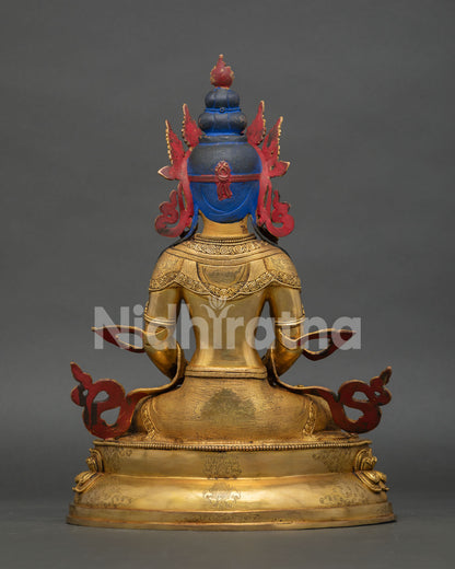 back view of amitayus statue showing detailed robe design and lotus pedestal craftsmanship
