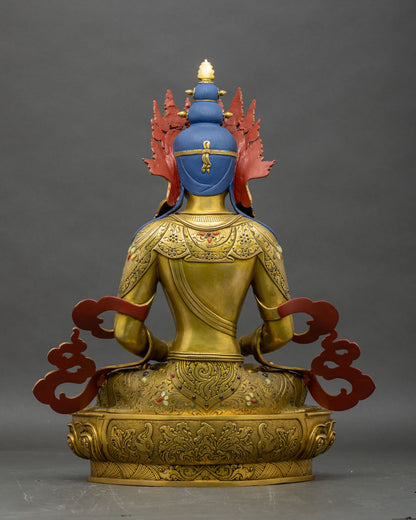 Back view of Amitayus statue showing detailed robe patterns, halo base and copper craftsmanship