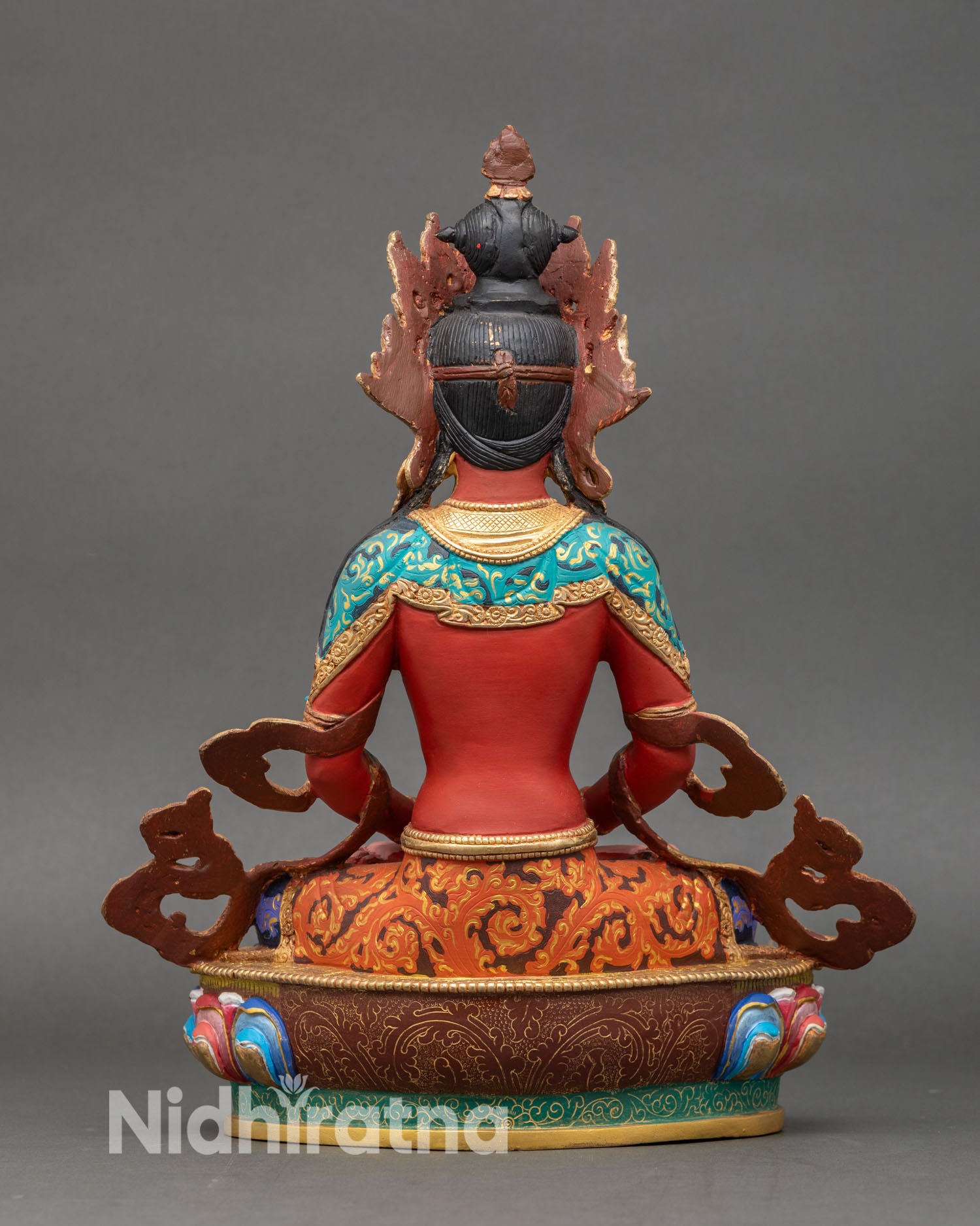 back view of amitayus statue showing detailed robes and sacred craftsmanship