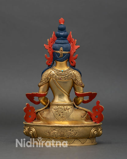 Back view of Amitayus statue showing engraved details and hollow chamber for mantras