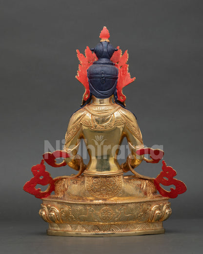 Back view of Amitayus statue showing handcrafted copper work and Nepalese artistry