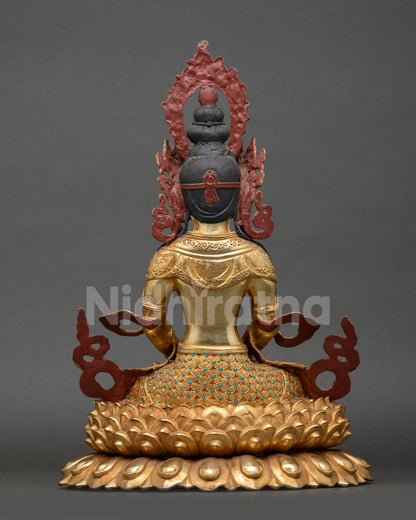 Back View of Amitayus Statue With Engraved Lotus Base Details
