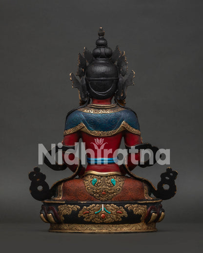 Back View of Amitayus Statue with Intricate Himalayan Buddhist Robe Details.