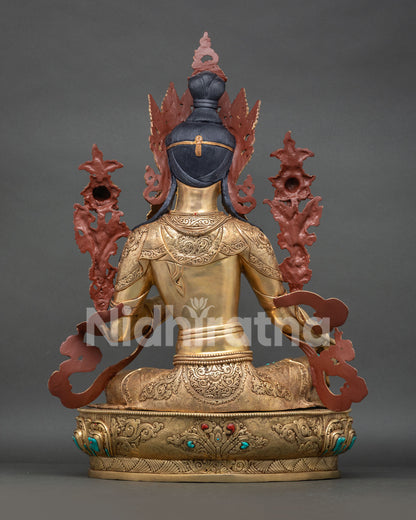 Back view of authentic Green Tara Statue, handmade in Patan, Nepal, using the traditional lost-wax casting method.