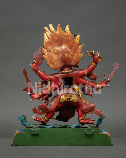 Back view of authentic Nepalese Hayagriva Statue handcrafted in Patan with copper body and traditional Buddhist sculptural techniques.