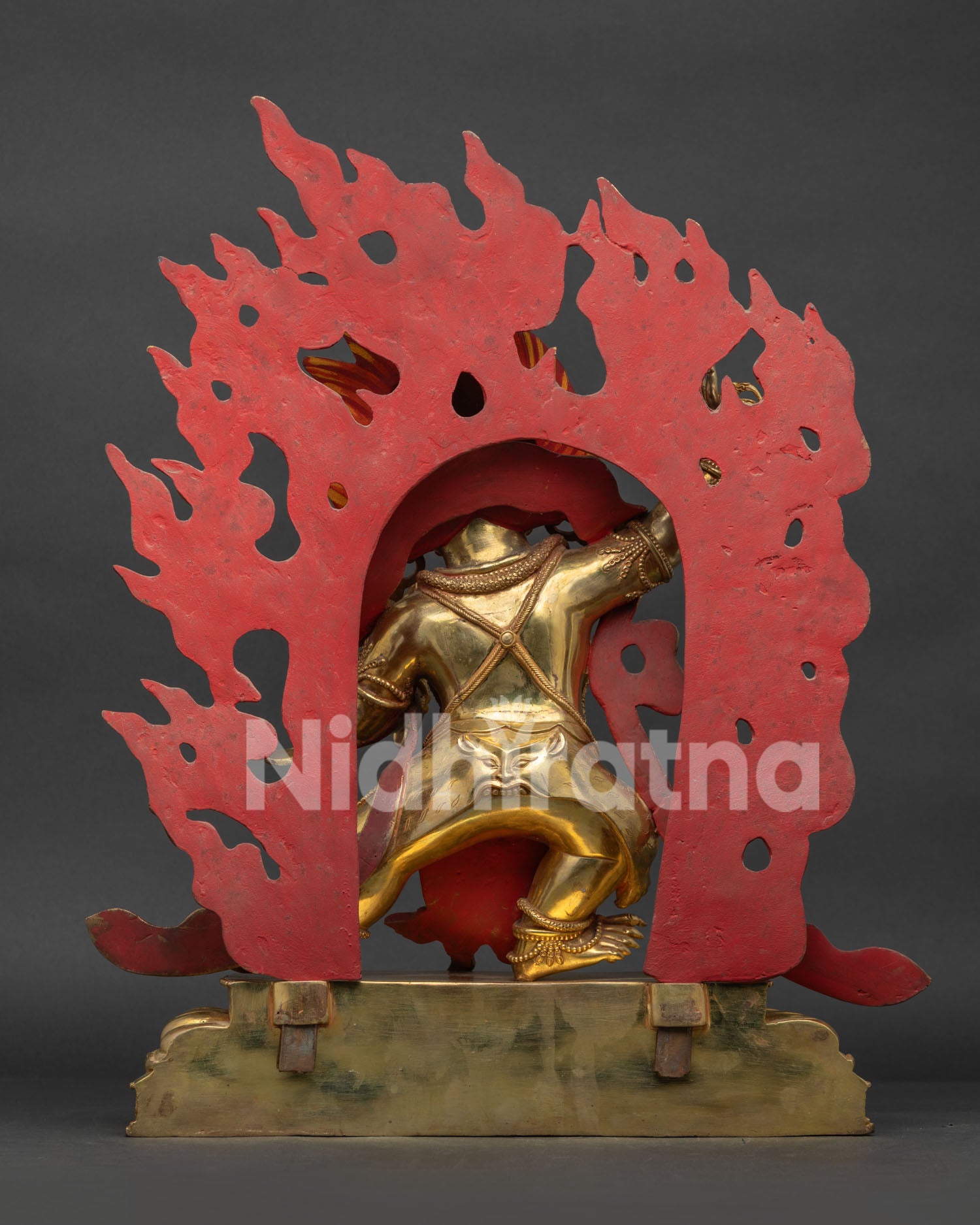Back View of Authentic Nepalese Vajrapani Statue with Ornate Blazing Halo and Copper Finish