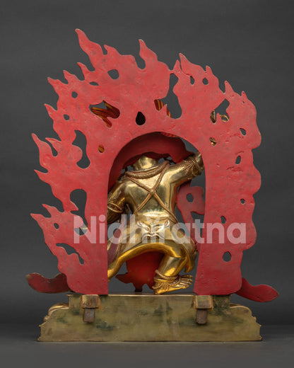 Back View of Authentic Nepalese Vajrapani Statue with Ornate Blazing Halo and Copper Finish