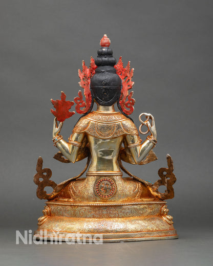Back view of Avalokiteshvara statue showing engraved halo, robe folds, and sealed consecration base