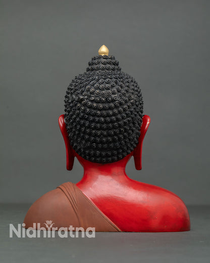 Back view of Buddha sculpture showing copper structure with fine sculptural detailing and hand painted acrylic finish by skilled Newari artists