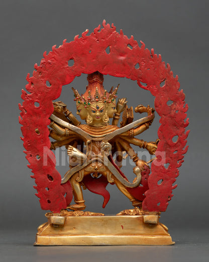 back view of chakrasamvara statue showing ornate halo carvings and lotus throne details