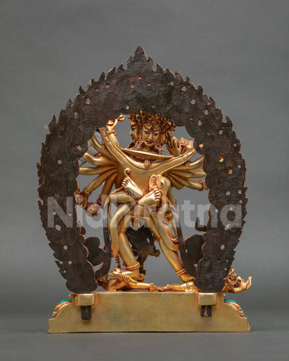 Back view of Chakrasamvara Yab-Yum statue with flaming halo and Vajravarahi, 24K gold-gilded copper