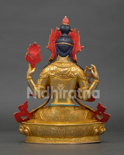 back view of chenrezig avalokiteshvara statue with detailed lotus throne and gold accents