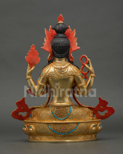 Back view of Chenrezig Buddhist statue highlighting copper body gold finish and Nepalese artisan metalwork details
