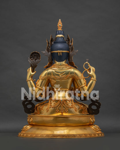 Back view of Chenrezig copper statue showing traditional Nepalese craftsmanship and sculptural details