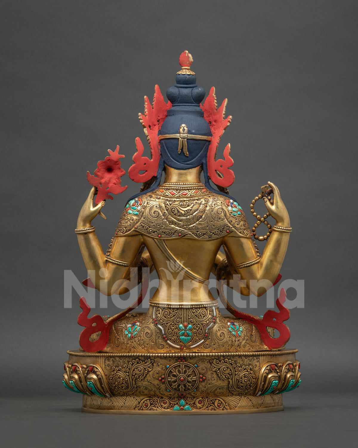 Back view of Chenrezig statue, 24K gold fire-gilded copper sculpture