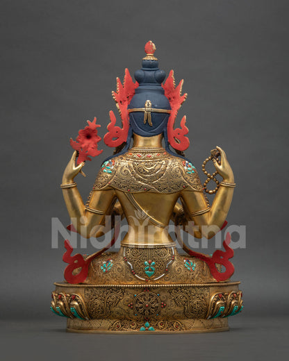 Back view of Chenrezig statue, 24K gold fire-gilded copper sculpture