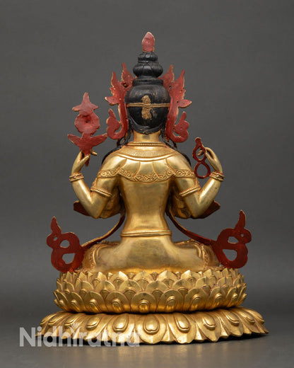 back view of chenrezig statue, engraved lotus pedestal and ornate bodhisattva details