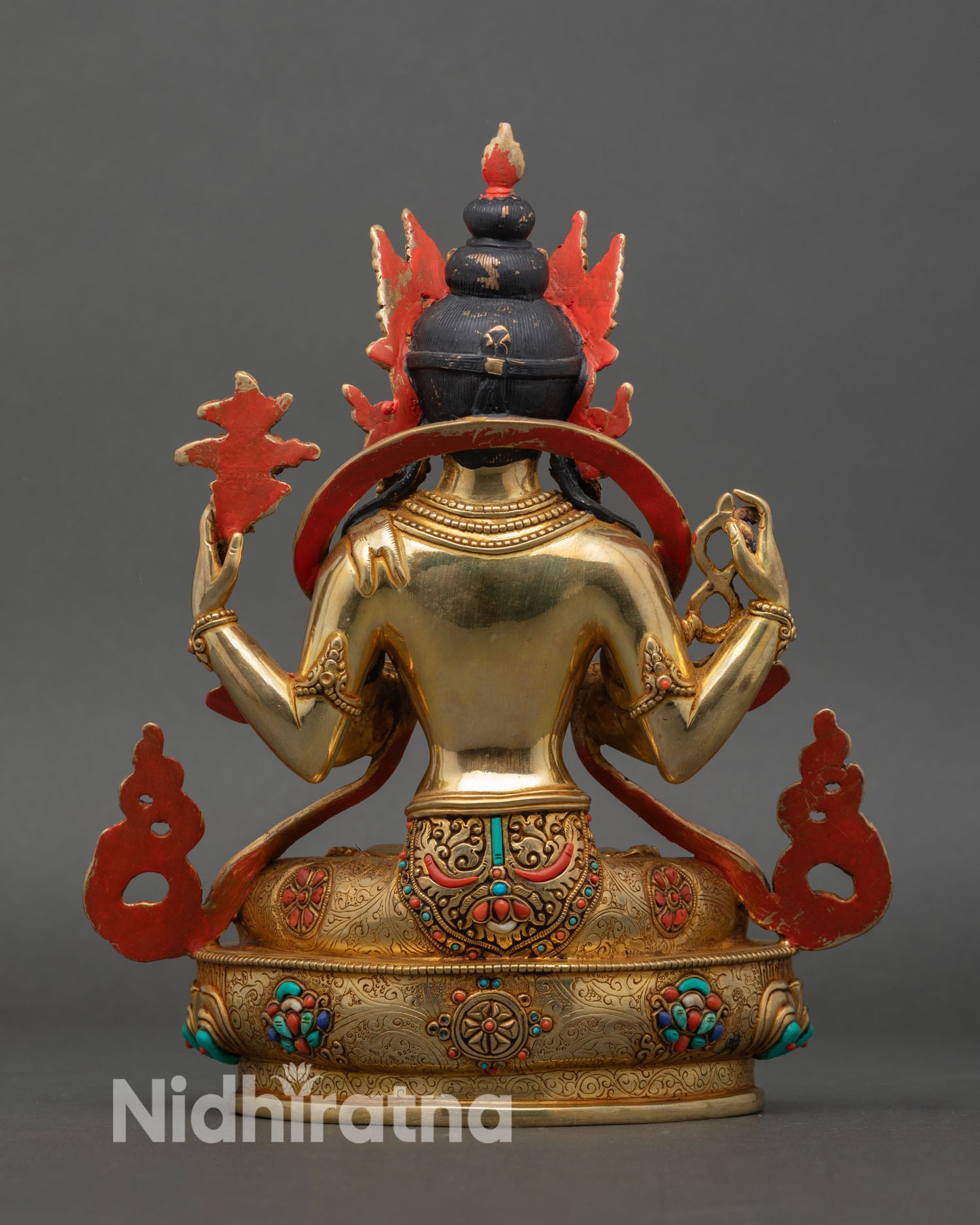 Back view of Chenrezig statue handcrafted copper gold turquoise coral Himalayan art