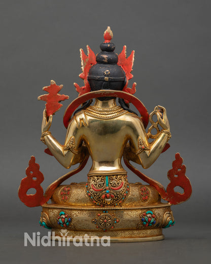 Back view of Chenrezig statue handcrafted copper gold turquoise coral Himalayan art