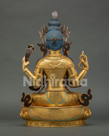 Back view of Chenrezig Statue highlighting intricate copper carving and sacred Buddhist craftsmanship