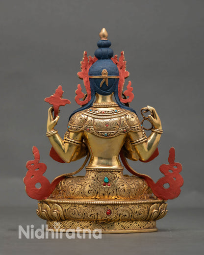 Back view of Chenrezig statue highlighting intricate lost wax casting details and Himalayan Buddhist sacred art design