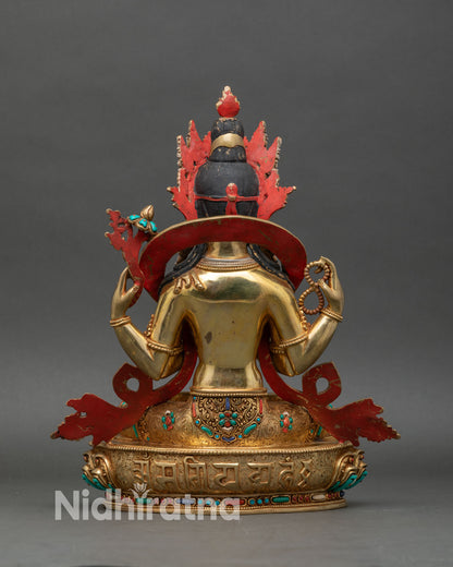 Back view of Chenrezig Statue, lotus pedestal and gold-gilded copper details