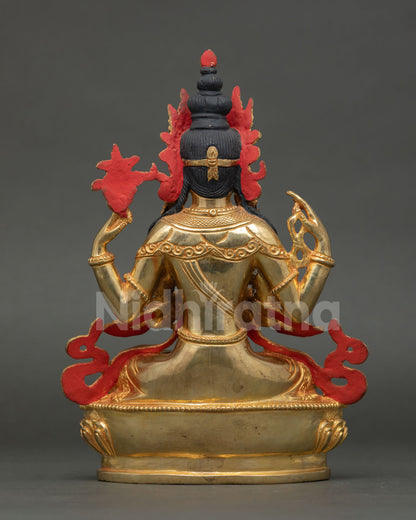Back view of Chenrezig statue, revealing detailed robe carving, copper craftsmanship, and traditional Newari artisan lost wax finishing.