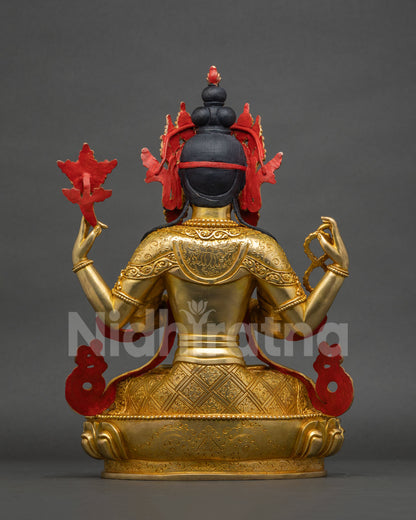 Back view of Chenrezig statue showing crown detail and hair carving