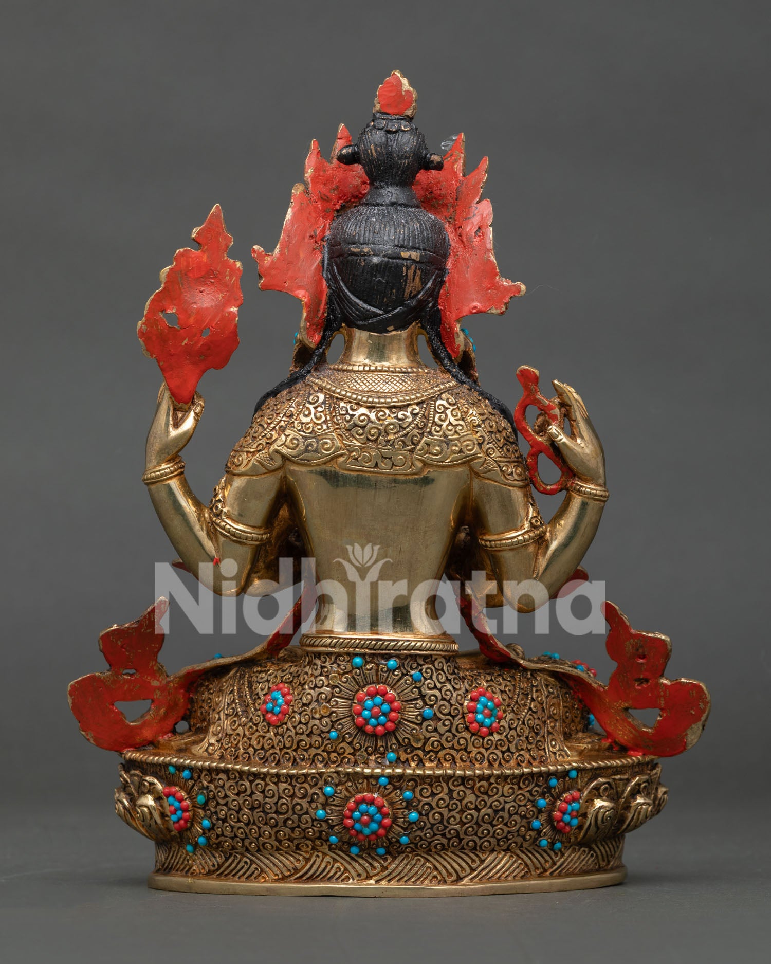 Back view of Chenrezig Statue showing detailed robe patterns and artisan craftsmanship