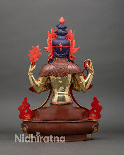 back view of chenrezig statue with detailed carving and double lotus base craftsmanship