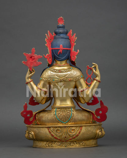 Back view of Chenrezig statue with detailed copper carving, lotus base, and Himalayan Buddhist artwork