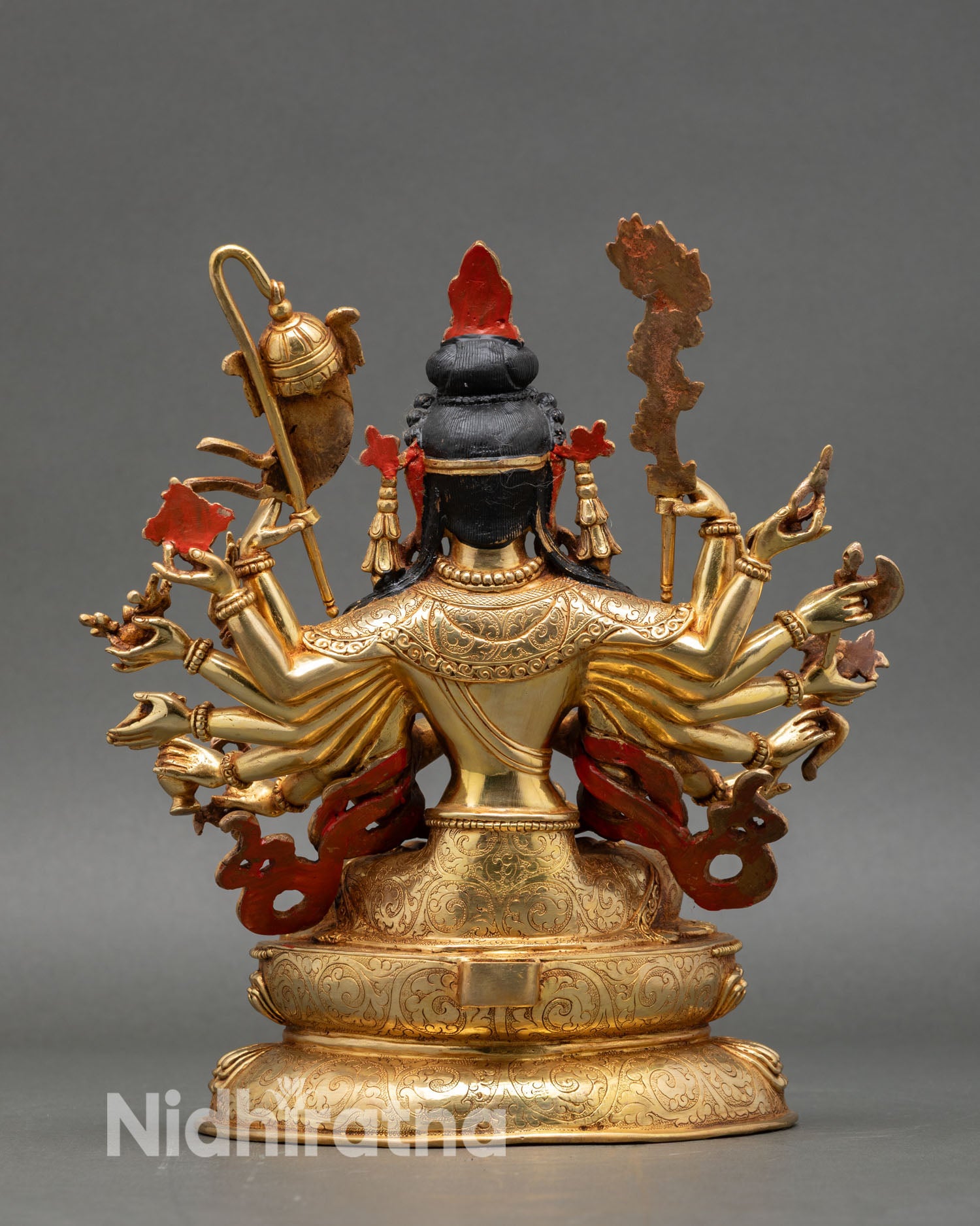 Back view of Chundi Devi statue handcrafted Nepalese artisan copper gold lotus throne sacred deity