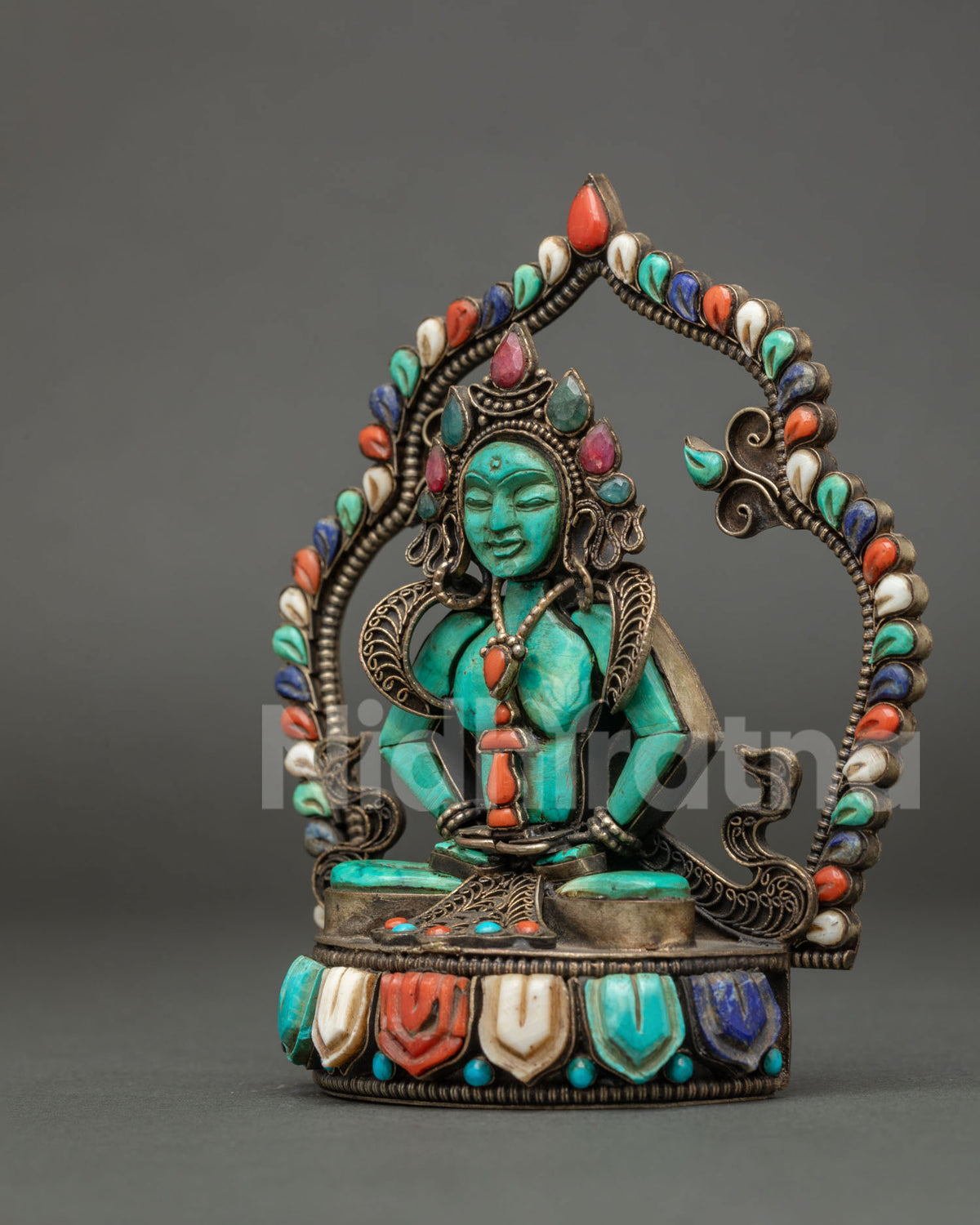 Back view of copper Amitayus statue showing the solid backplate and halo, handmade in Nepal