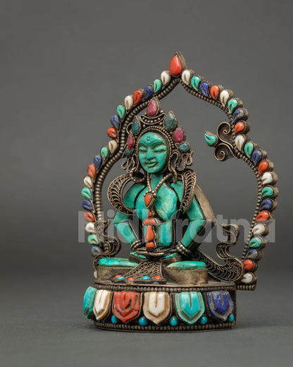 Back view of copper Amitayus statue showing the solid backplate and halo, handmade in Nepal