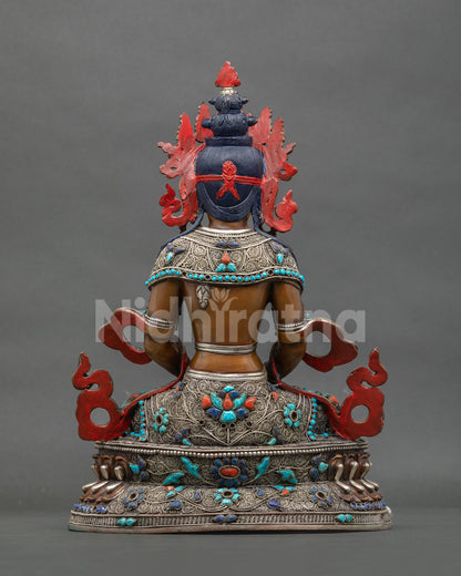 Back View of Copper Amitayus Statue with Silver Filigree and Gemstone Inlay