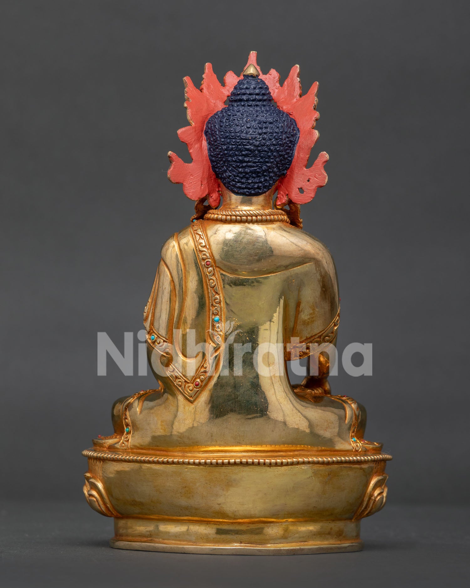 Back View of Copper Crown Shakyamuni Buddha Statue Handmade in Patan Nepal.