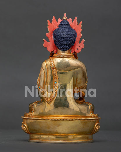 Back View of Copper Crown Shakyamuni Buddha Statue Handmade in Patan Nepal.