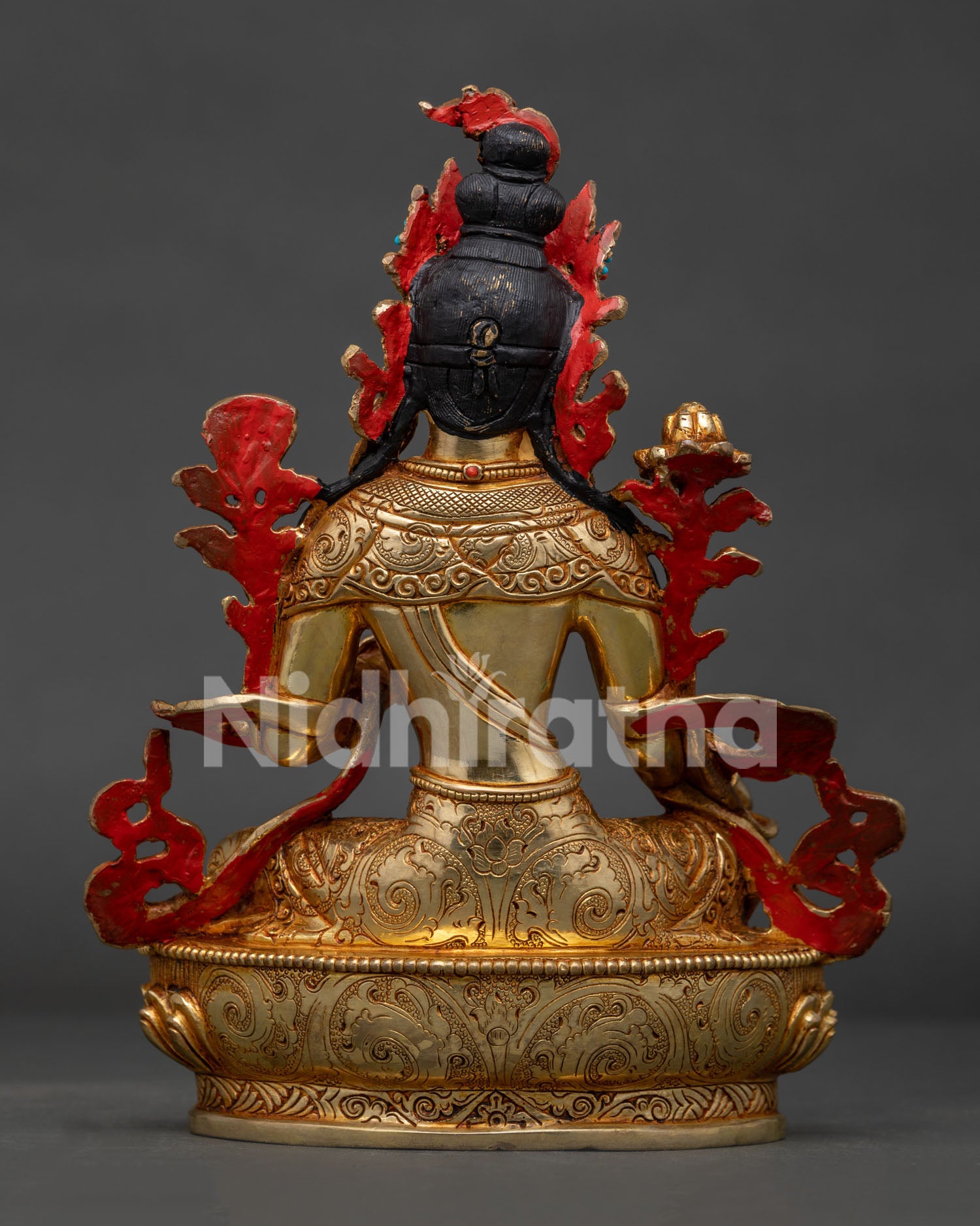 Back view of copper Green Tara statue with intricate Newari craftsmanship and Himalayan artistry