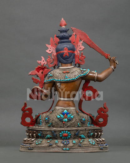 Back View of Copper Manjushri Statue with Silver Filigree and Gemstone Inlay