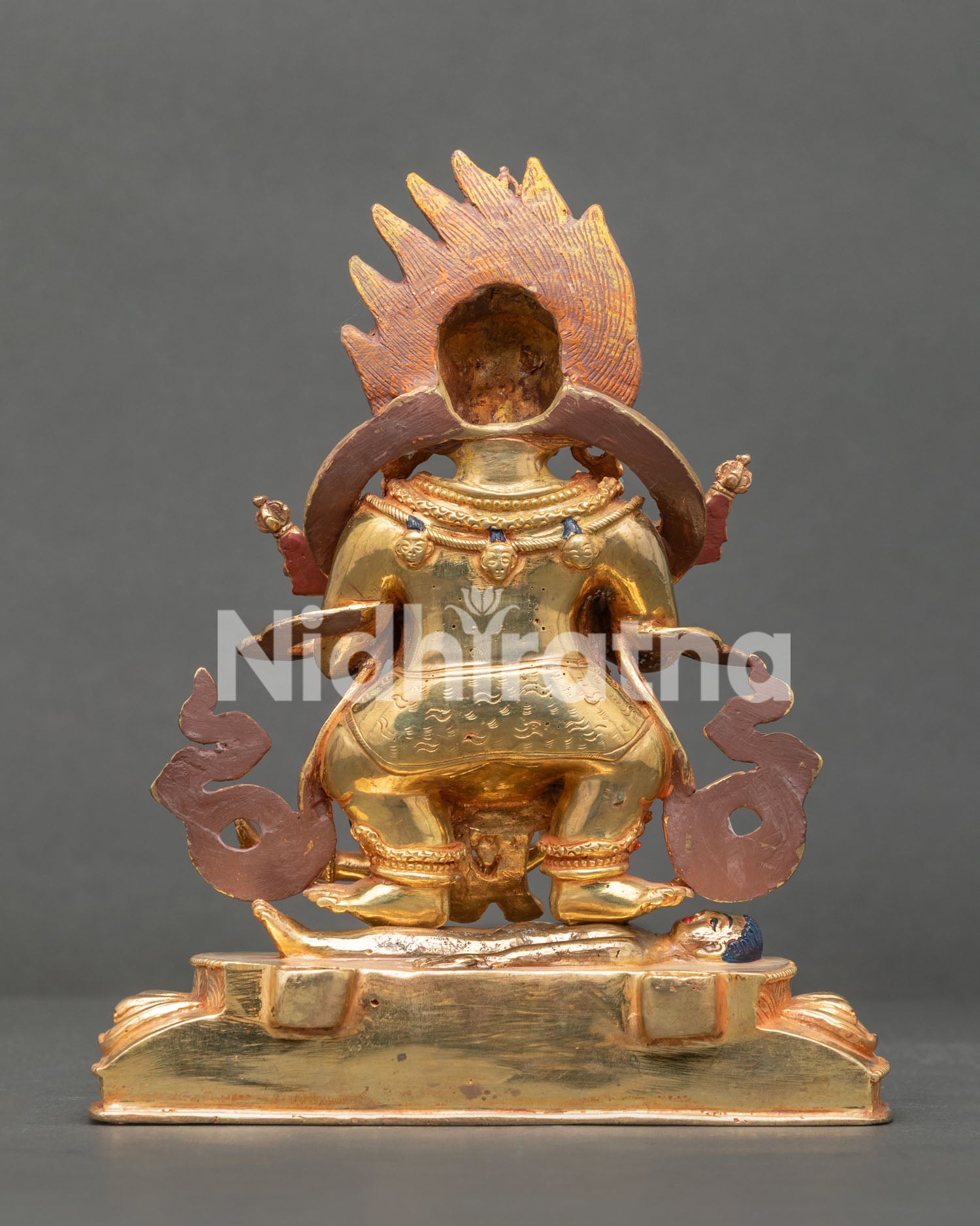 Back View of Copper Sakya Mahakala Statue with Lotus Pedestal Artistry