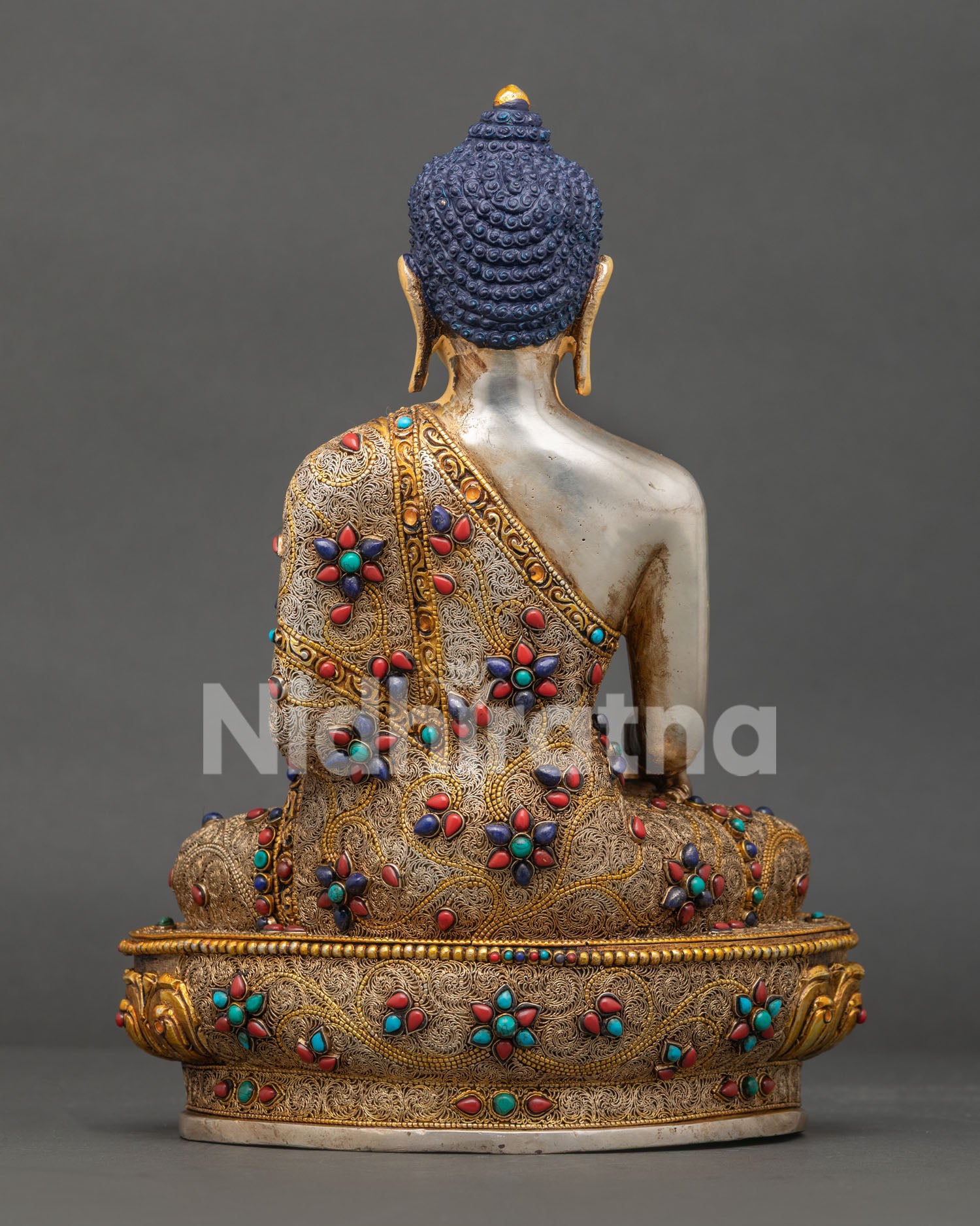 Back View of Copper Shakyamuni Buddha Statue with Intricate Filigree Design and Traditional Newari Himalayan Craftsmanship