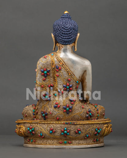 Back View of Copper Shakyamuni Buddha Statue with Intricate Filigree Design and Traditional Newari Himalayan Craftsmanship
