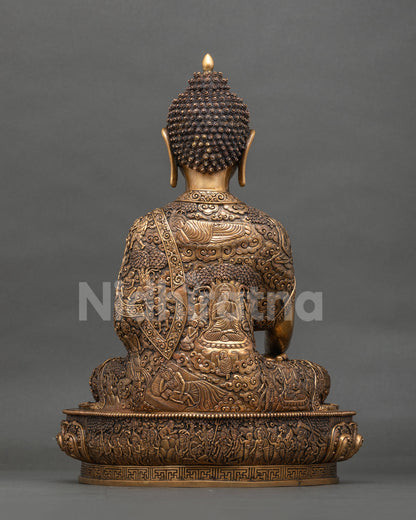 Back View of Copper Shakyamuni Buddha Statue with Life Story Scenes Carved on Monastic Robe
